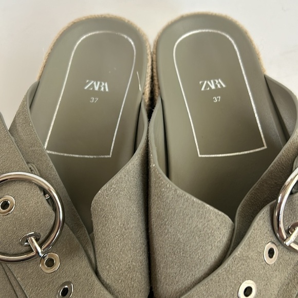 Zara espadrille platform sandal slide silver buckle sage gray green suede - Picture 5 of 16
